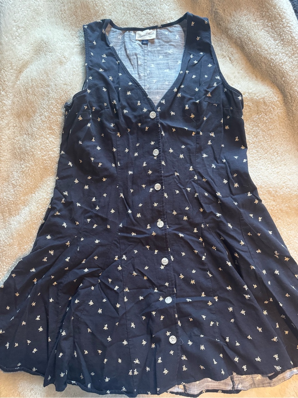 Navy Blue Button-Front Sleeveless Dress with Tiny Floral Print